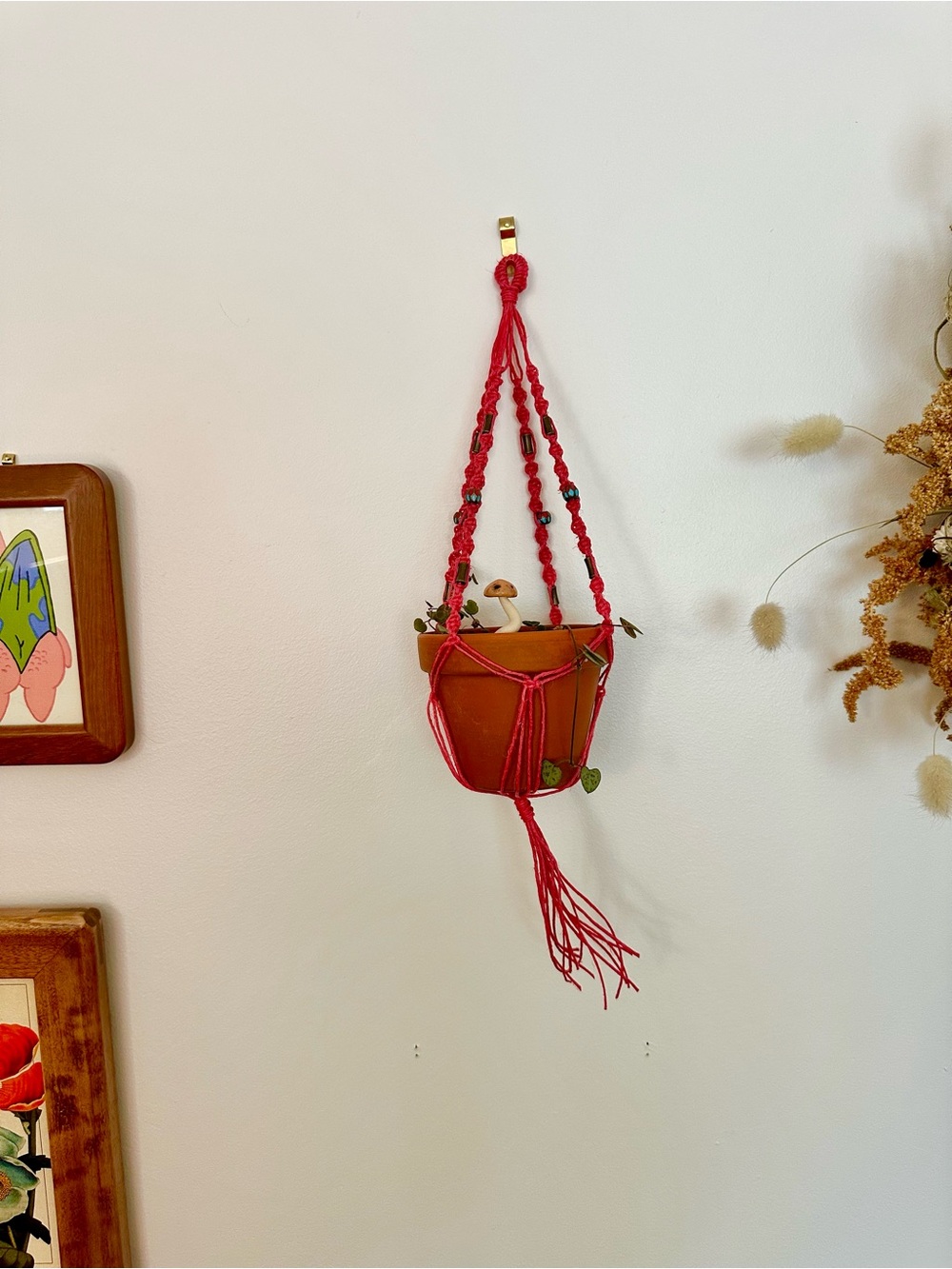 Tiny Hot Pink Plant Hanger with Beads